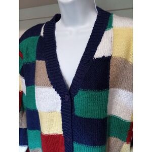 Leon‎ Levin Vintage hand-loomed acrylic cardigan V-neck Patchwork Sz M Button